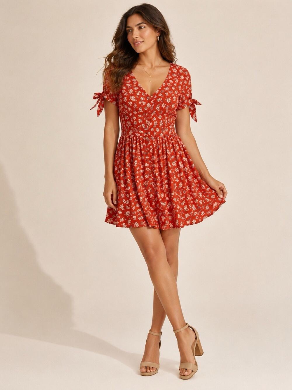 Madewell Floral Mini Dress Womens 6 Chic Red Button Front Tie Sleeve Viscose